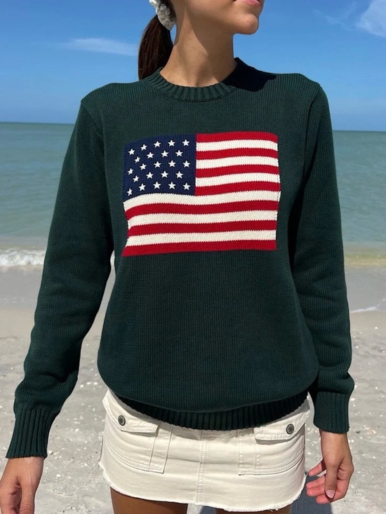 Brandy Melville Sweaters - Brand new brandy melville Green Crewneck Sweater with American Flag Knit